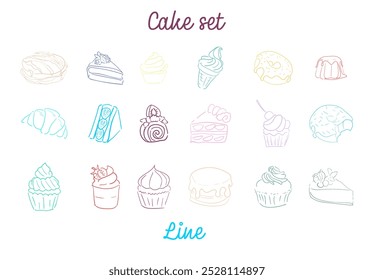 Set von bunten Linien Dessert Symbole. Bearbeitbarer Strich. beliebte Süßspeisen, Kuchen, Kekse und Eis. Pfannkuchen, Milchshake, Pudding und Kekse, Honig, Marmelade. Vektorisolierte Elemente.