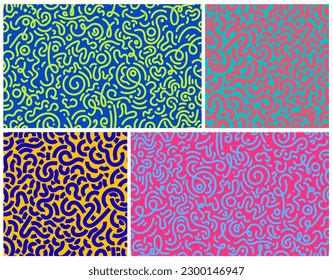 Set of colorful line doodle seamless pattern. Creative abstract colored squiggle style drawing background for kids or trendy design with basic shapes. Simple vector childish scribble wallpaper print.