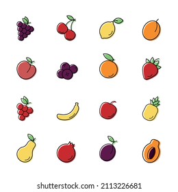 Set of colorful line fruit icons on a white background. A collection of outline symbols. Web flat icon.