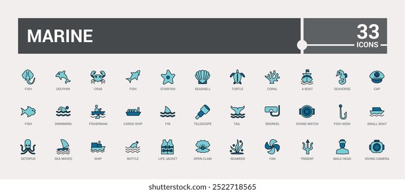 Set of colorful line icons related to marine port. Color icon collection for web and ui. Outline icons pack, Vector illustration. Icon names are written in English.