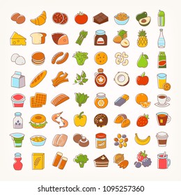 Set of colorful line stroke icons of food groups and goods. Big variety of dairy products, bakery, meat and seafood, fruit and vegetables, desserts and drinks. Vector flat elements for your designs