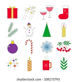 Set of colorful linear icons for Christmas holidays.