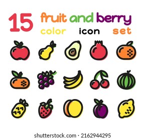 A set of colorful linear icons of fruits and berries. Vector illustration isolated on a white background. Vegetarianism, veganism, local healthy food. Collection for websites, mobile applications.