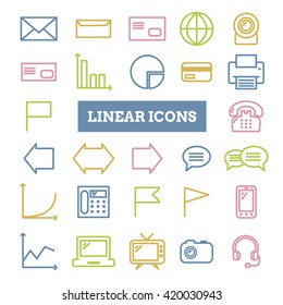 Set of colorful linear web icons: business, media, communication. Thin icons for design