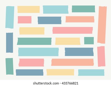 Set of colorful lined different size masking tape, banners are stuck on white background