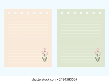 Set of colorful lined note paper memo with flowers