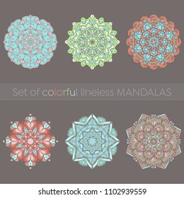 Set of colorful lineless mandalas