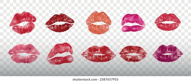 Set of colorful lipstick prints in various shades on a transparent background. Lipstick prints in red, pink, and orange. Vibrant lipstick prints for design. Element vector collection.