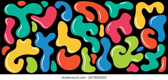 Set of colorful liquid abstract organic blob shapes. Wavy bubbles and drops in trendy y2k style. Vector illustration.