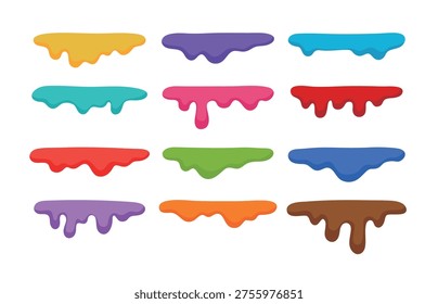 Set of colorful liquid dripping paint and melting slime effects. Flat vector illustration of various fluid splashes and drips for creative art, background design, and Halloween decorations.