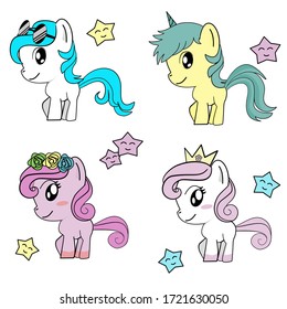 Set of colorful little cute hand drawn cartoon character baby pony unicorn isolated on white background.