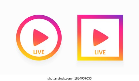 A set of colorful Live buttons of different shapes, isolated on a light background. Gradient buttons for playback, online broadcasts in the style of social networks. User interface element. Vector