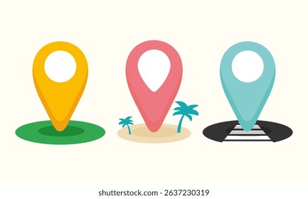 A set of colorful location pin icons, each featuring a small island with a palm tree. these are perfect for travel maps, navigation apps, vacation planning, or illustrating tropical destinations.