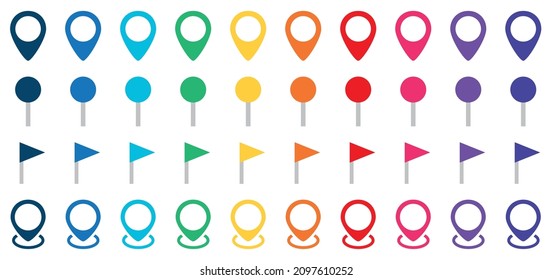 Set of colorful location pointers, marker on map. Point of location, pin location signs. Flag, pin, map pointer. GPS location icons. Vector illustration.