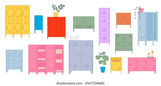 Set of colorful lockers room cabinet for modern interior. Steel lockers in gym, middle school, high school and gym. Storage cell vector illustration