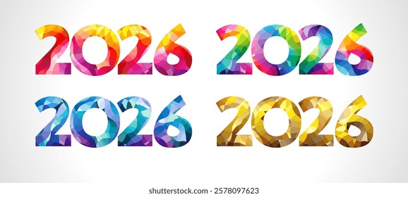 Set of colorful logos 2026 for new year congrats. 3 D stained glass style template. Web icons. Red, green, blue and golden colors. Numbers 2 0 and 6 or creative letter O. Season's greetings design.