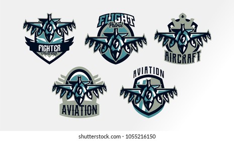 A set of colorful logos, badges, emblems of a military fighter plane. Aircraft, air patrol, aviation, sky defenders, bomber, rockets, shield, lettering. Vector illustration