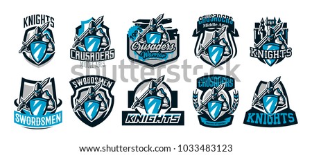 A set of colorful logos, emblems of a knight in iron armor. Knight of the Middle Ages, shield, warrior, swordsman, crusader, defender of the fortress. The mascot of the sports club.Vector illustration