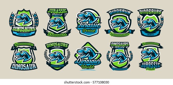 Set of colorful logos, emblems, labels the world of the dinosaurs of the Jurassic period of the Mesozoic era is isolated on a background of the shield. Collection for printing on T-shirts