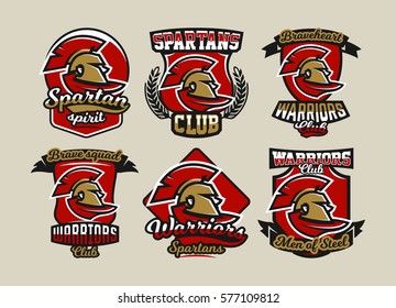 Set of colorful logos, emblems, Spartan helmet and cloak, ancient Greek warrior, a Roman soldier, different fonts, vector illustration