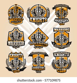 Set of colorful logos, emblems, sword and of the warrior's head, a variety of fonts, isolated vector illustration.
