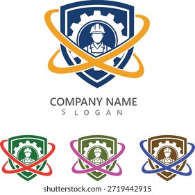 Un conjunto de logotipos coloridos con un escudo con un engranaje y un trabajador, que representan la industria y la protección. Los logotipos están diseñados para una empresa, con un marcador de posición para el nombre y el lema de la empresa.