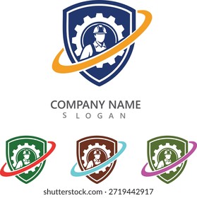 A set of colorful logos featuring a shield and gear design, with a placeholder for company name and slogan, on a white background.