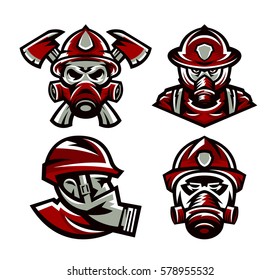 Set of colorful logos Fire Department, fireman, skull, mask firefighter, axes, isolated vector illustration. Sports style, printing on T-shirts.