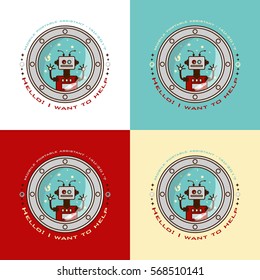 Set of colorful logos, robot, assistant in the space. I want to help. Vector white background