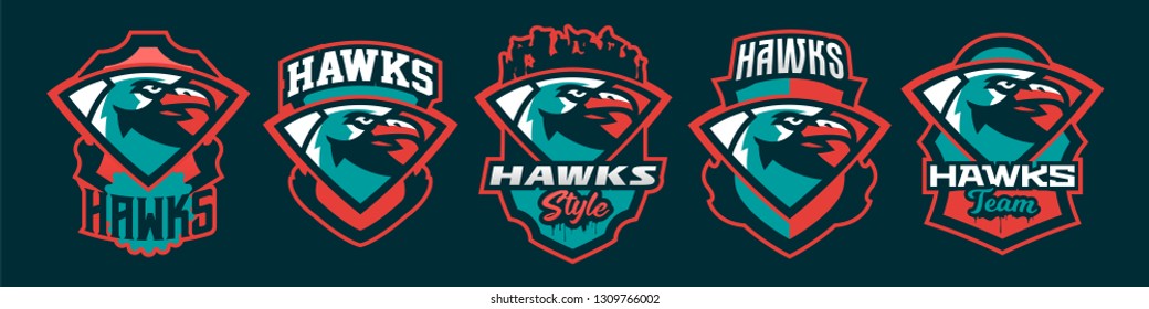 A set of colorful logos, stickers, emblems of a hawk's head. Flying bird, hunter, predator, dangerous animal, shield, lettering. Mascot sports club, vector illustration