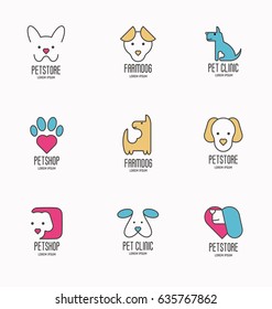 Set of colorful logotypes with dogs for vet clinic, pet shop, dog training or dog shelter. Vector illustration in modern flat line style. 