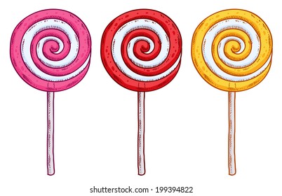 Set of colorful lollipops in hand drawn style. Spiral candies sketch.