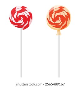 Set of colorful lollipops on stick isolated on white background. Vector cartoon flat illustration of swirl round candy. Sweet food icons.