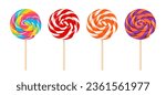 Set of colorful lollipops on wooden stick. Vector cartoon flat illustration of swirl round candy. Sweet food icons.