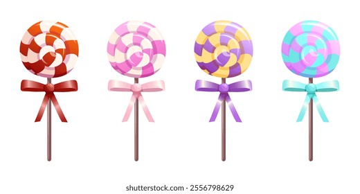 Set of colorful lollipops on a wooden stick with a bow. Twisted sucker candy hard sugar caramel, lollypop isolated on white background. Sweet food icons.