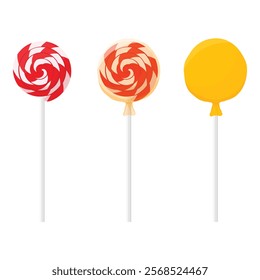 Set of colorful lollipops on wooden stick. Swirl round candy. Sweet candies