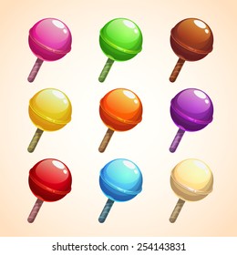 Set of colorful lollipops, sweet candies, vector illustration