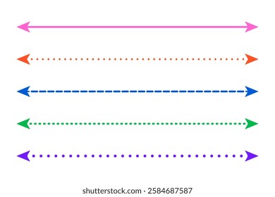 Set of colorful long double arrow icon. Dashed, dotted double arrows