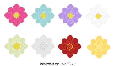 Set of colorful lotus flowers collection graphic design on white background.