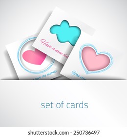 Set colorful love card. Vector design pink and blue card. Art advertising template. Trendy holiday card. Valentine's white card. Pink heart.