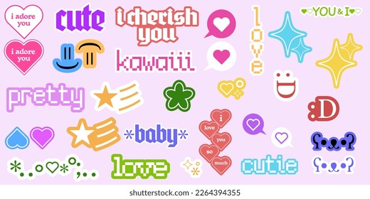 Set of Colorful Love Y2K Stickers Vector Design. Trendy Pop Art Patches.  