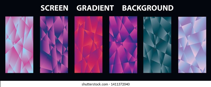Set of colorful low poly Vector pattern Gradient Set. Modern Smartphone screen, mobile app Template. Design for Wallpaper, background, banner, flyer, Social media post. 