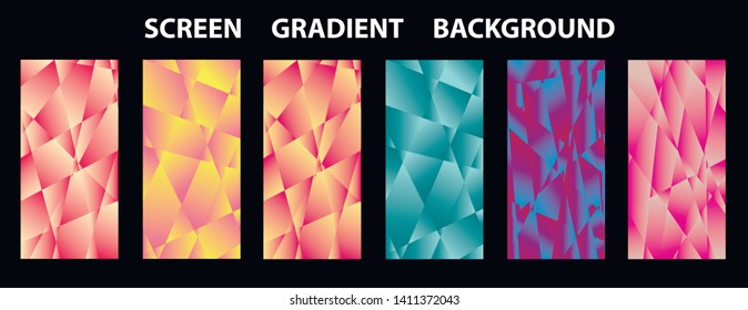 Set of colorful low poly Vector pattern Gradient Set. Modern Smartphone screen, mobile app Template. Design for Wallpaper, background, banner, flyer, Social media post. 