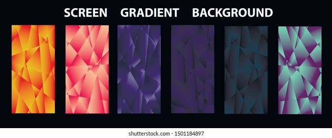 Set of colorful low poly Vector pattern Gradient Set. Modern Smartphone screen, mobile app Template. Design for Wallpaper, background, banner, flyer, Social media post. 