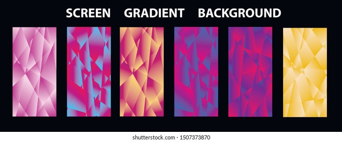 Set of colorful low poly Vector pattern Gradient Set. Modern Smartphone screen, mobile app Template. Design for Wallpaper, background, banner, flyer, Social media post. 