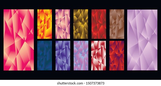 Set of colorful low poly Vector pattern Gradient Set. Modern Smartphone screen, mobile app Template. Design for Wallpaper, background, banner, flyer, Social media post. 