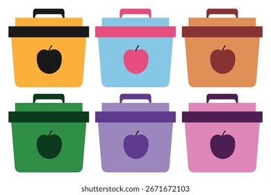 Conjunto de coloridas loncheras con manzana. Reutilizables contenedores de alimentos para niños
