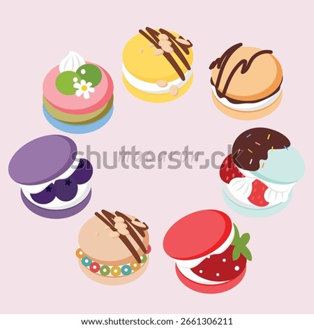 Set of colorful macaron illustrations, perfect for bakery and dessert designs. Cute and simple vector illustration of different macarons.