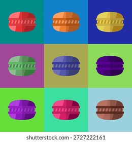 Conjunto de ilustrações coloridas de macaron em várias variações de cores brilhantes. Estilo plano limpo ideal para temas de sobremesa, embalagem, cartazes, menus, marca e desenhos gráficos modernos.