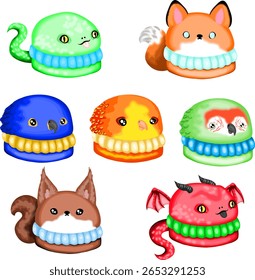 Conjunto de macarons coloridos decorados com motivos de animais e fantasia, com criaturas encantadoras como uma raposa, papagaio, esquilo, cobra e dragão